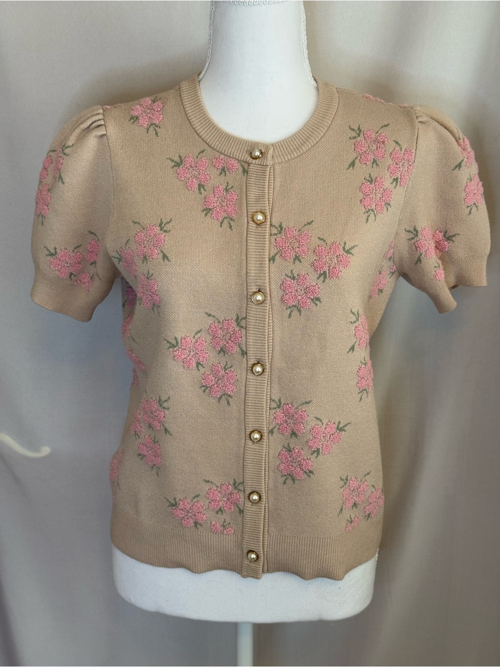 Forward Young Contemporary Pink Floral Knit Short Sleeve Cardigan Size Large
